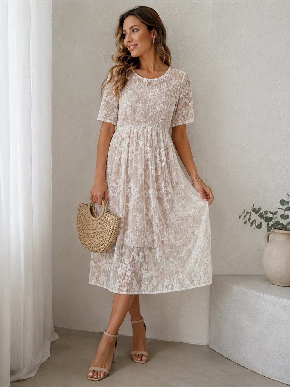 Women's Beige Lace Midi Dress with Short Sleeves